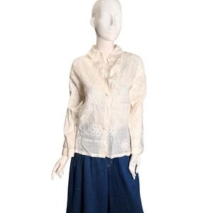 Poetic Cream Ramie Floral Embroidered Button Down Blouse Shirt Womens 4